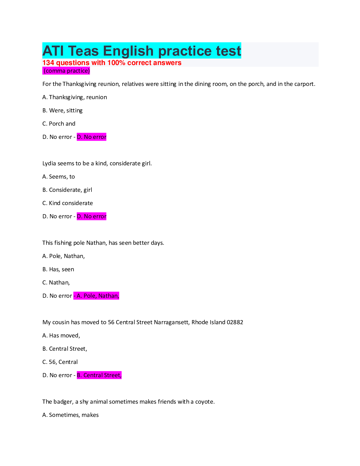 Preview of ATI Teas English practice test 134 questions with 100% correct answers